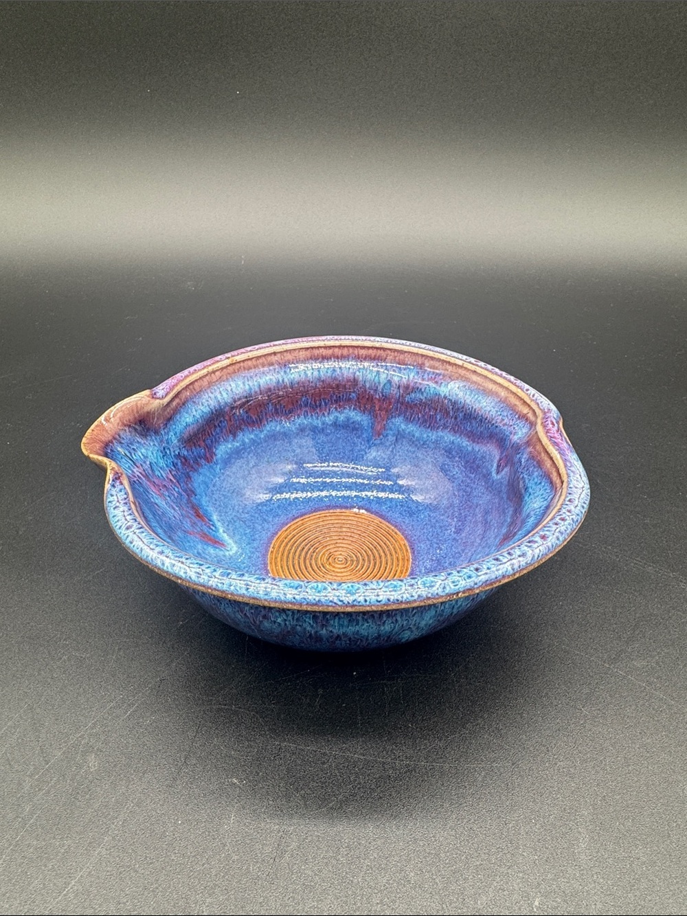 Handcrafted Blue Ceramic Bowl with Pour Spout MH Pottery Signed